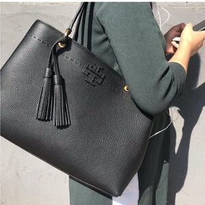 Tory Burch Mcgraw Black Pebble Leather Tote Double Handle Shoulder Bag Tassel